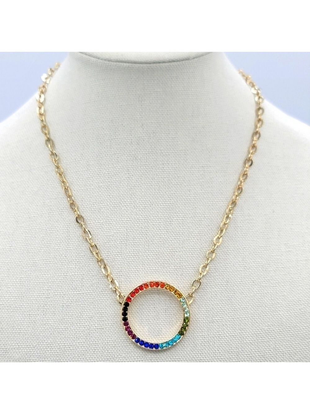 Rainbow Multicolor Circle Pendant Goldtone Necklace #2120